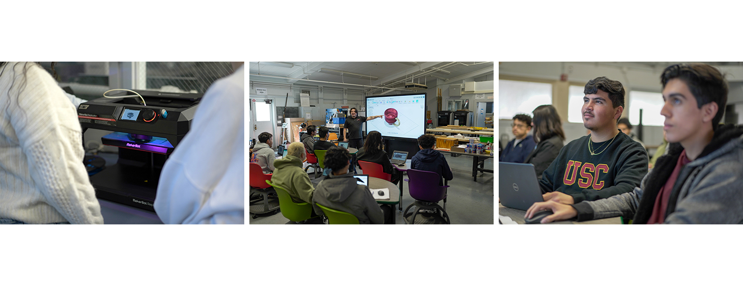 Photo collage of the engineering class. 3-D printer, view of the smartboard and class, two students watching a lecture.
