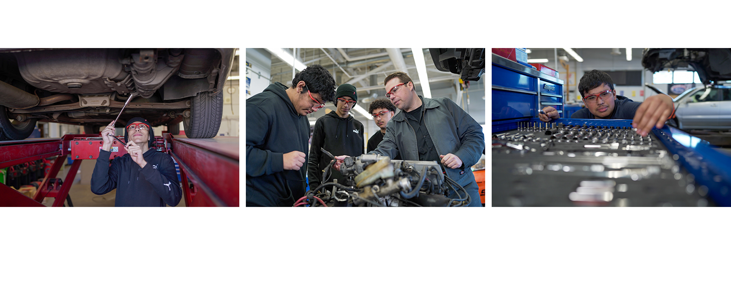 Photos of the autoshop class. A student under a car looking up at the engines. The teacher showing students part of a motor. A student selecting tools from a tool chest.