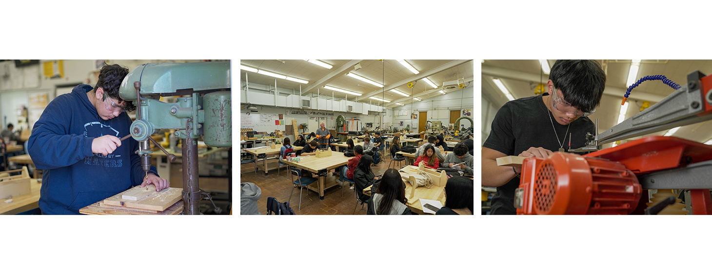 Three photos from the woodshop class. A student using the drill press. A view of the classroom. A student using a saw.