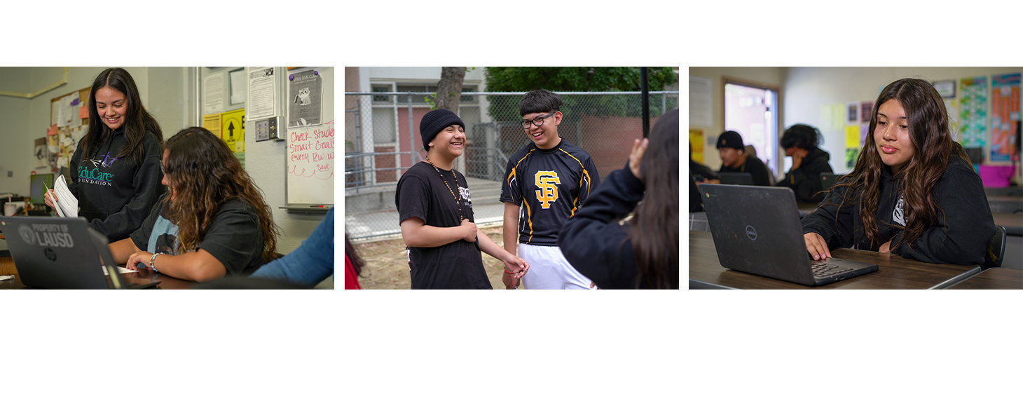 Photos of freshman students in class and hanging out in front of the classroom.