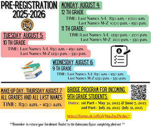 SAVE THE DATE FOR PRE-REGISTRATION & BRIDGE PROGRAM FOR INCOMING 9th GRADE STUDENTS 